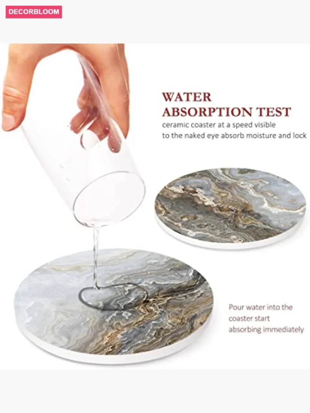 Coaster Set of 6 - Absorbent Stone with Cork Base and Metal Holder, Home Bar